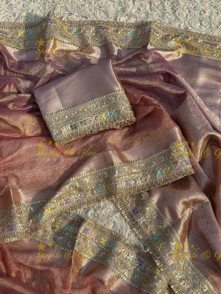 Elegant Golden Dual Tone Banarasi Tissue Saree