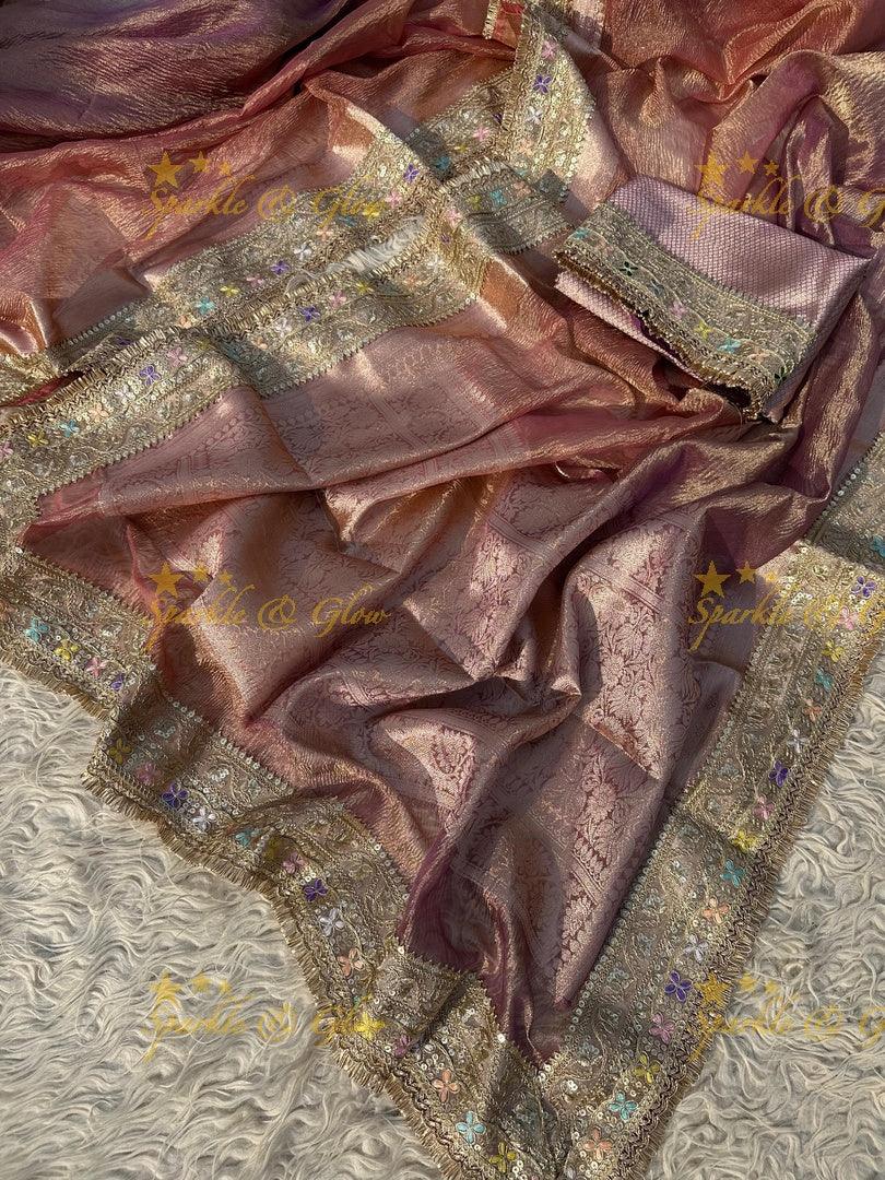 Elegant Golden Dual Tone Banarasi Tissue Saree