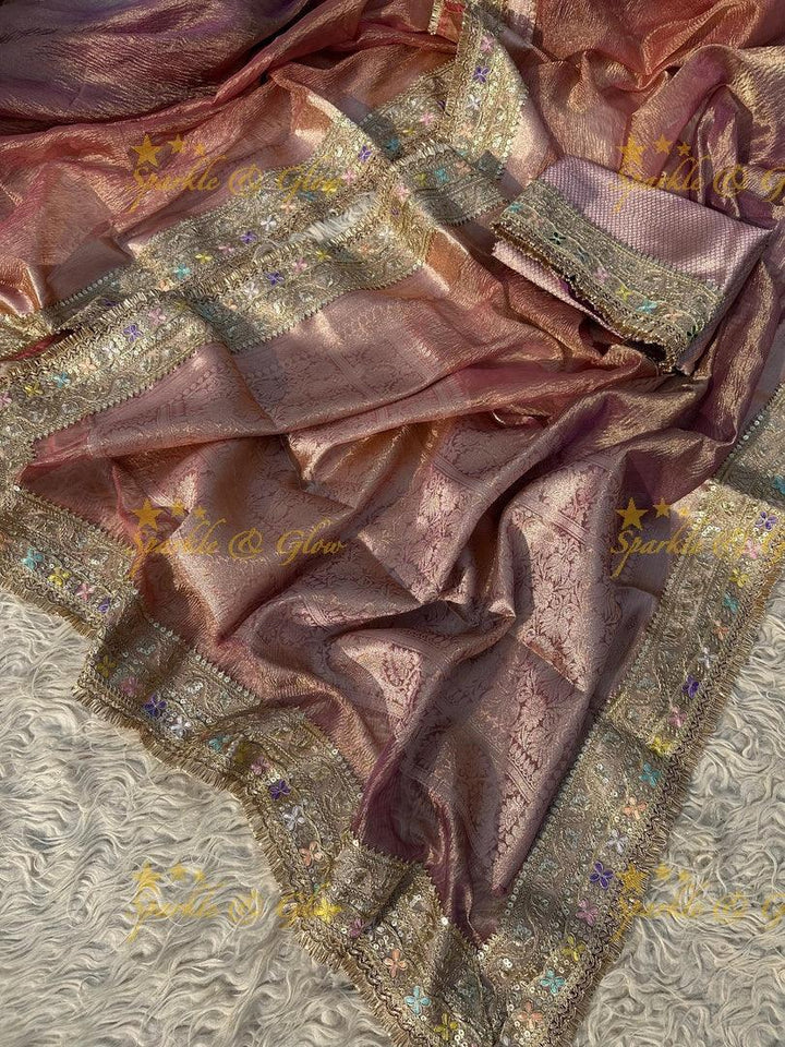 Elegant Golden Dual Tone Banarasi Tissue Saree