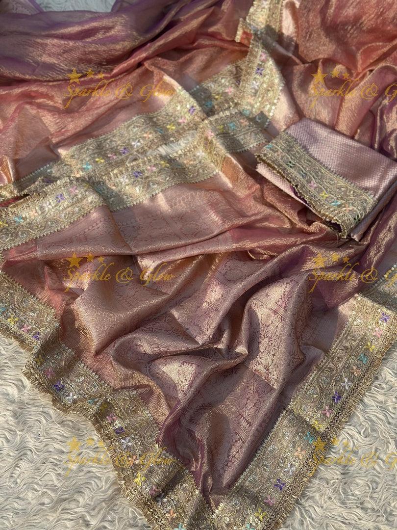 Elegant Golden Dual Tone Banarasi Tissue Saree