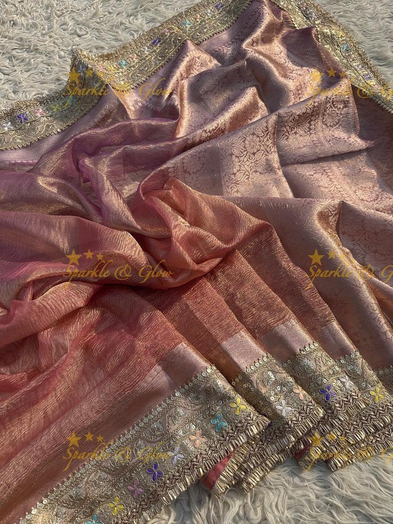 Elegant Golden Dual Tone Banarasi Tissue Saree