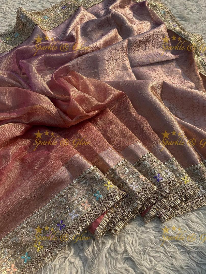 Elegant Golden Dual Tone Banarasi Tissue Saree