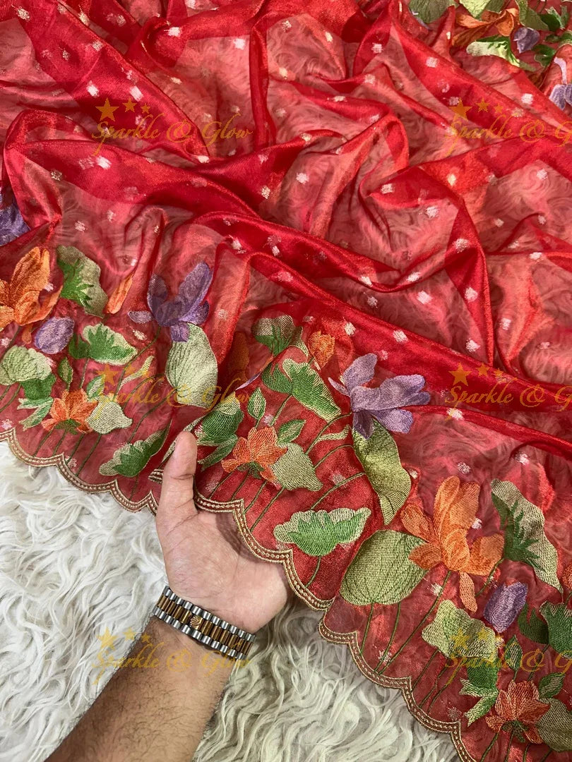 Banarasi Tissue Saree with Embroidered Floral Border