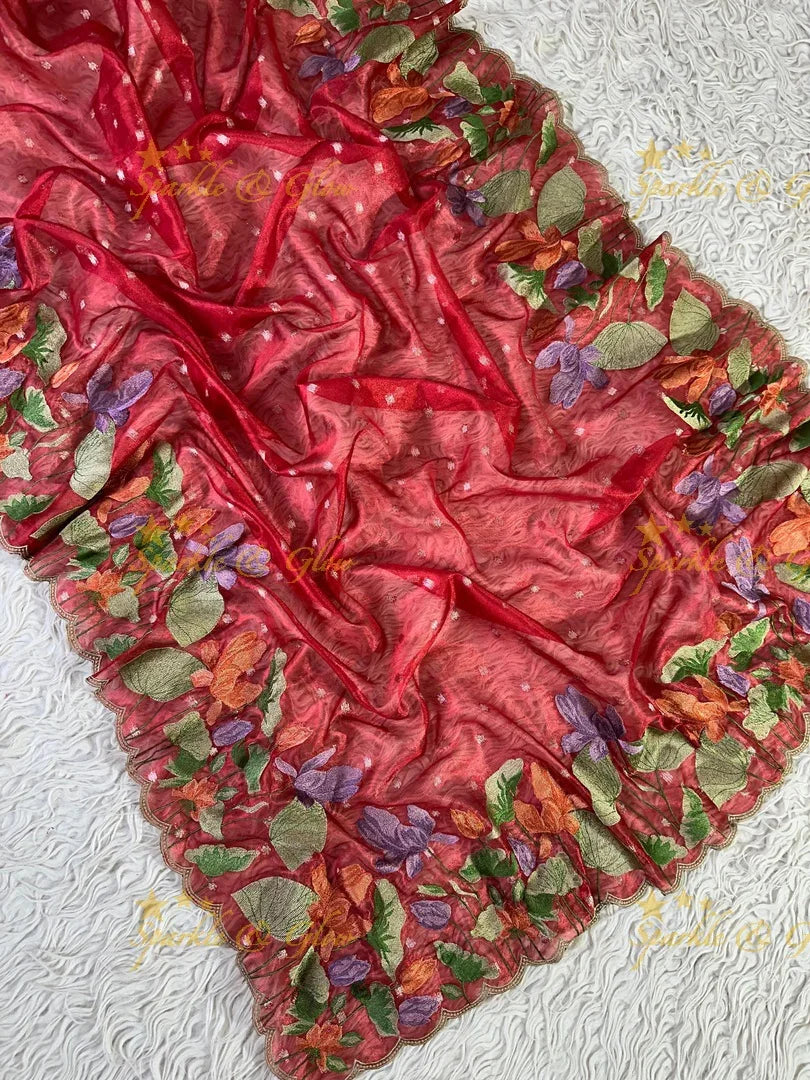 Banarasi Tissue Saree with Embroidered Floral Border