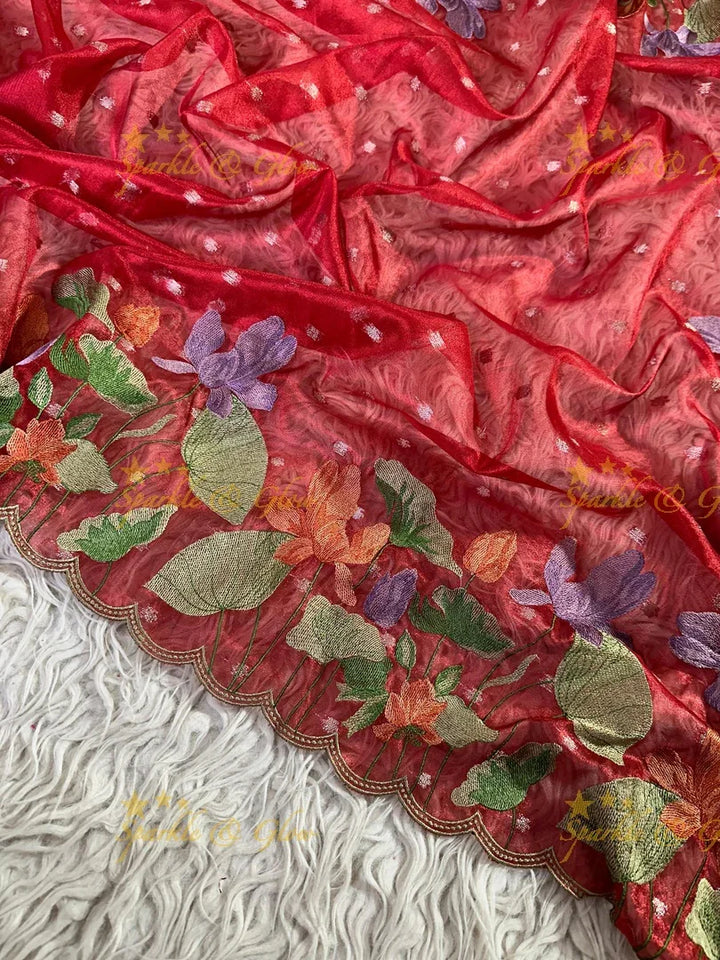 Banarasi Tissue Saree with Embroidered Floral Border