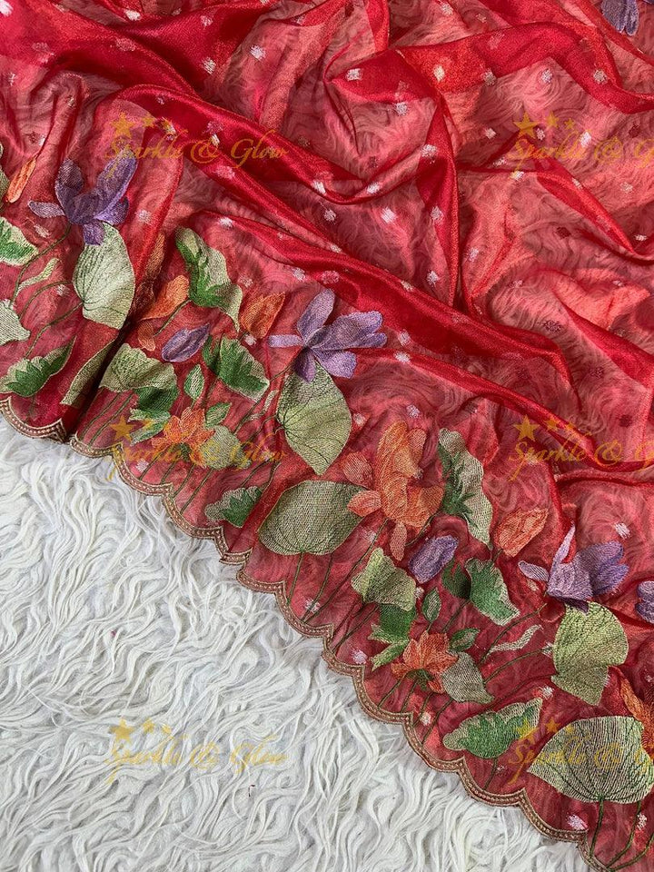 Banarasi Tissue Saree with Embroidered Floral Border