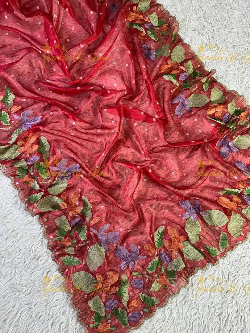 Banarasi Tissue Saree with Embroidered Floral Border