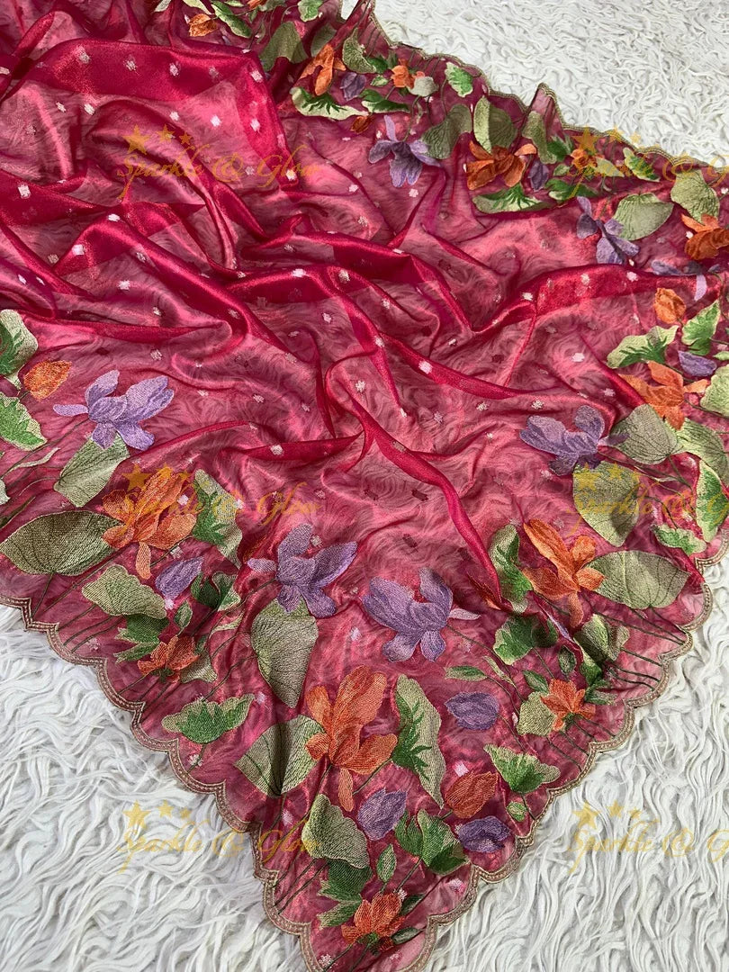 Banarasi Tissue Saree with Embroidered Floral Border