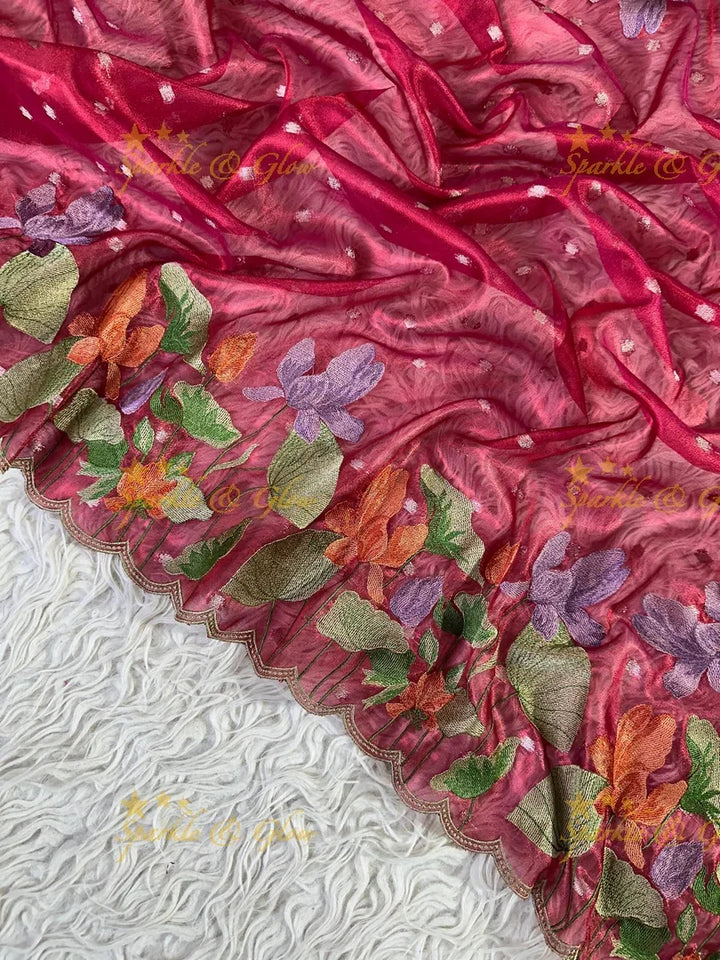 Banarasi Tissue Saree with Embroidered Floral Border