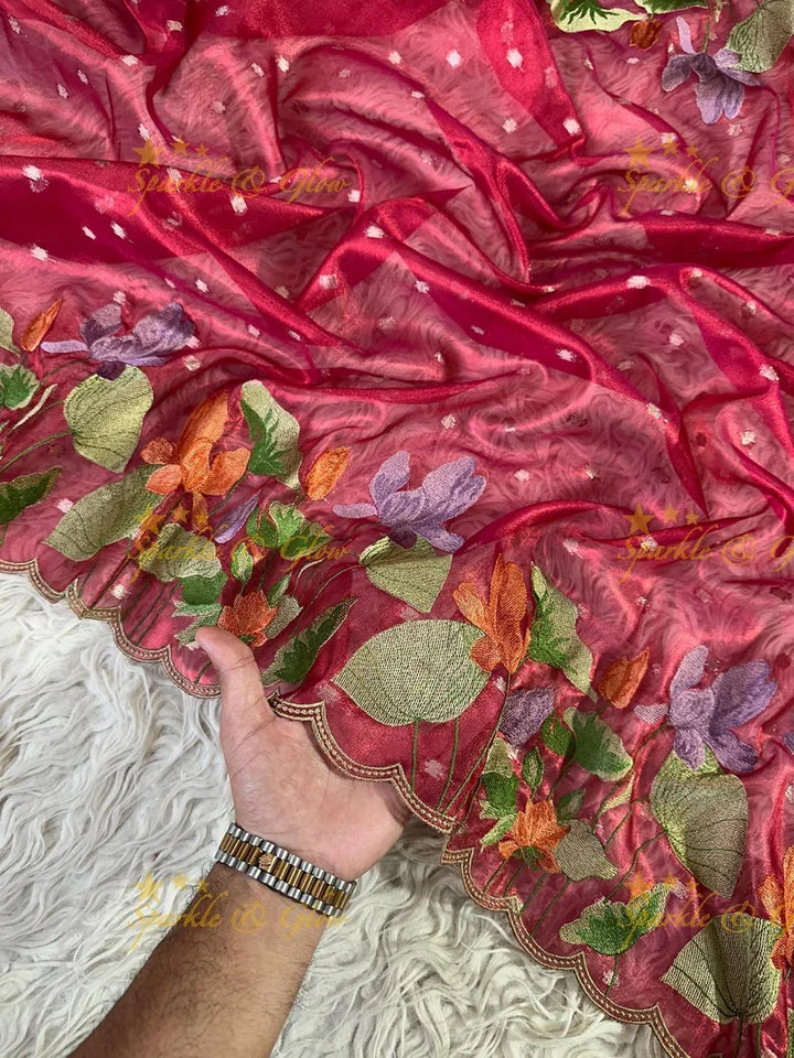 Banarasi Tissue Saree with Embroidered Floral Border