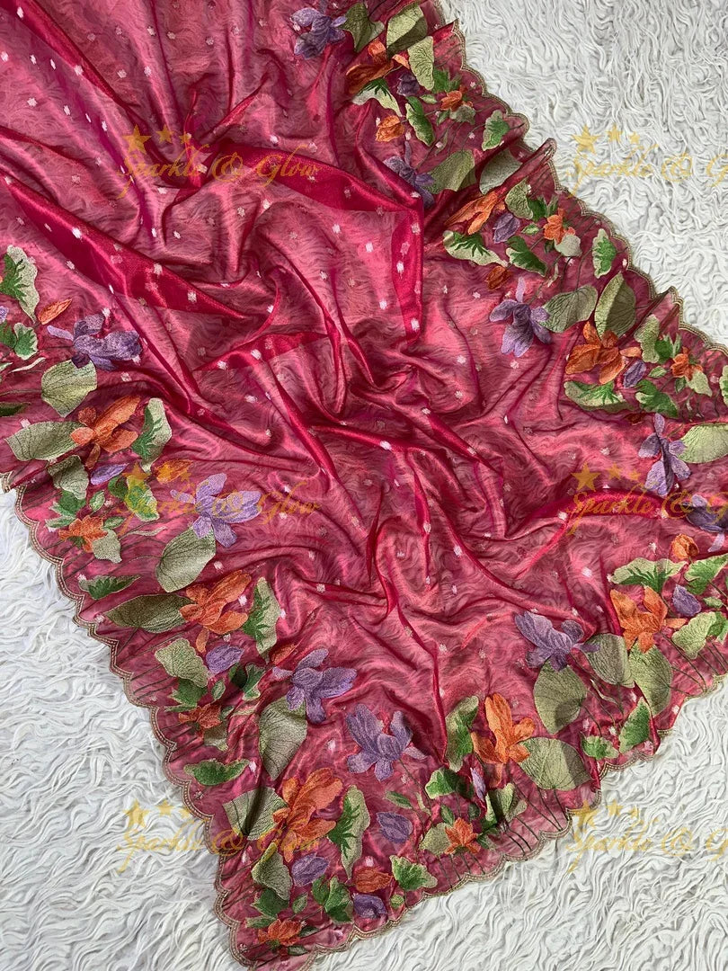 Banarasi Tissue Saree with Embroidered Floral Border