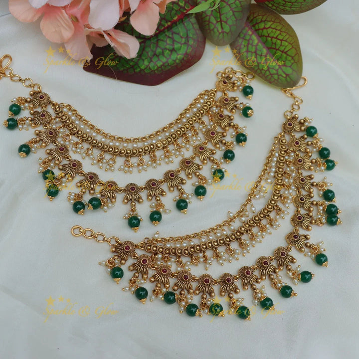 Exclusive Gold Alike Floral Earchain with Green Beads