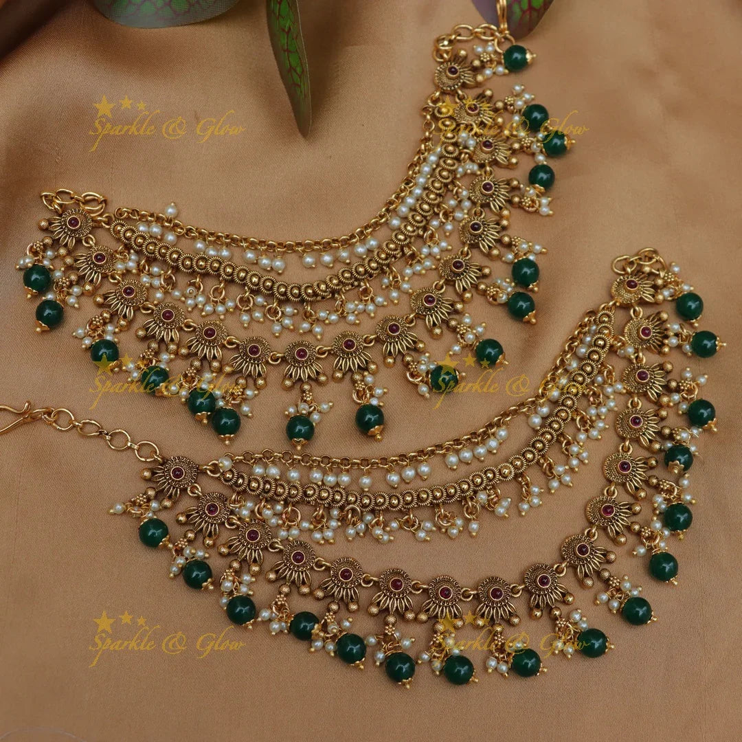 Exclusive Gold Alike Floral Earchain with Green Beads