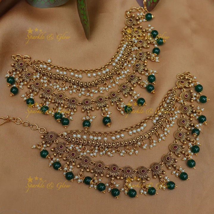 Exclusive Gold Alike Floral Earchain with Green Beads