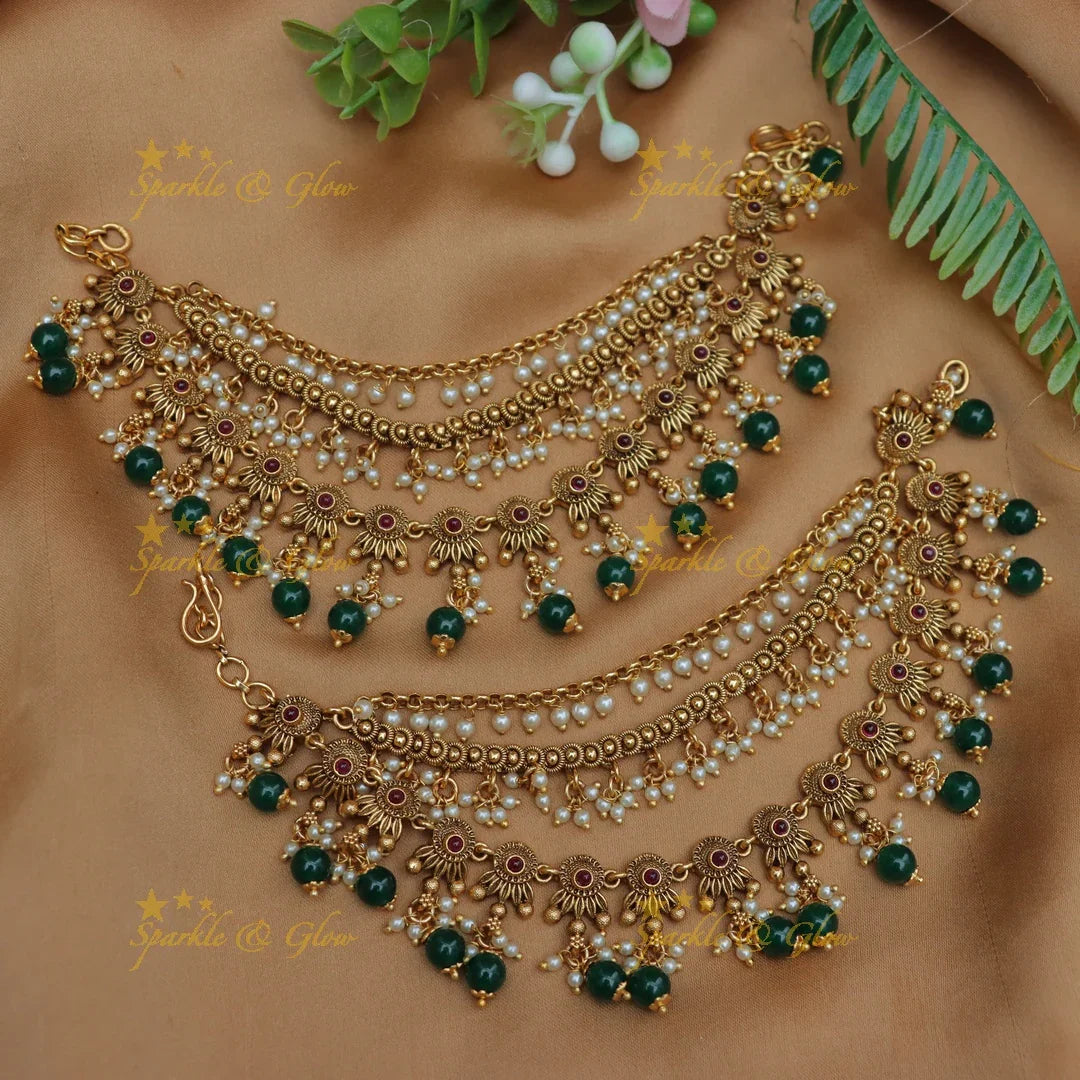 Exclusive Gold Alike Floral Earchain with Green Beads