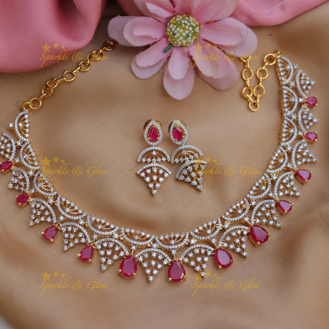 Elegant Crown Design AD Short Necklace with Ruby Stones