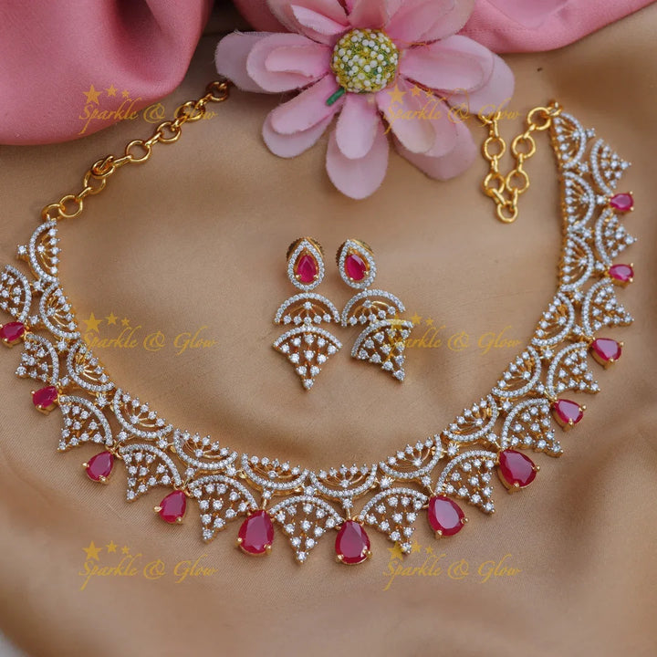 Elegant Crown Design AD Short Necklace with Ruby Stones