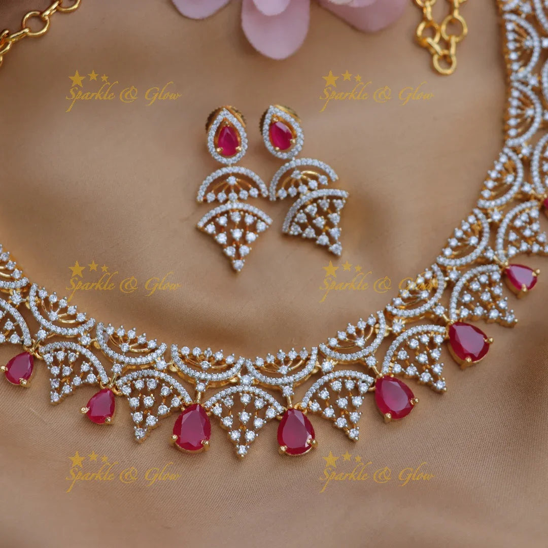 Elegant Crown Design AD Short Necklace with Ruby Stones