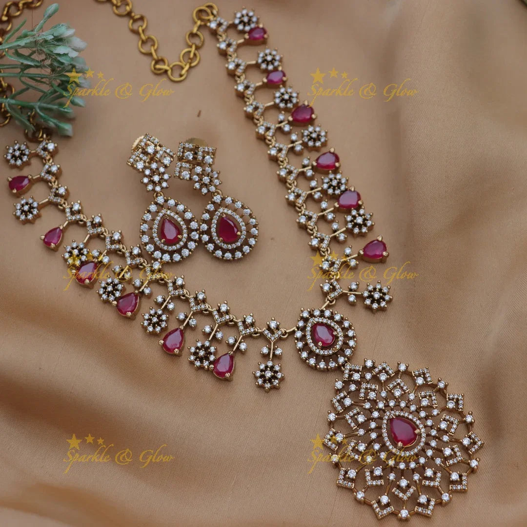 Grand Floral pendant AD short necklace