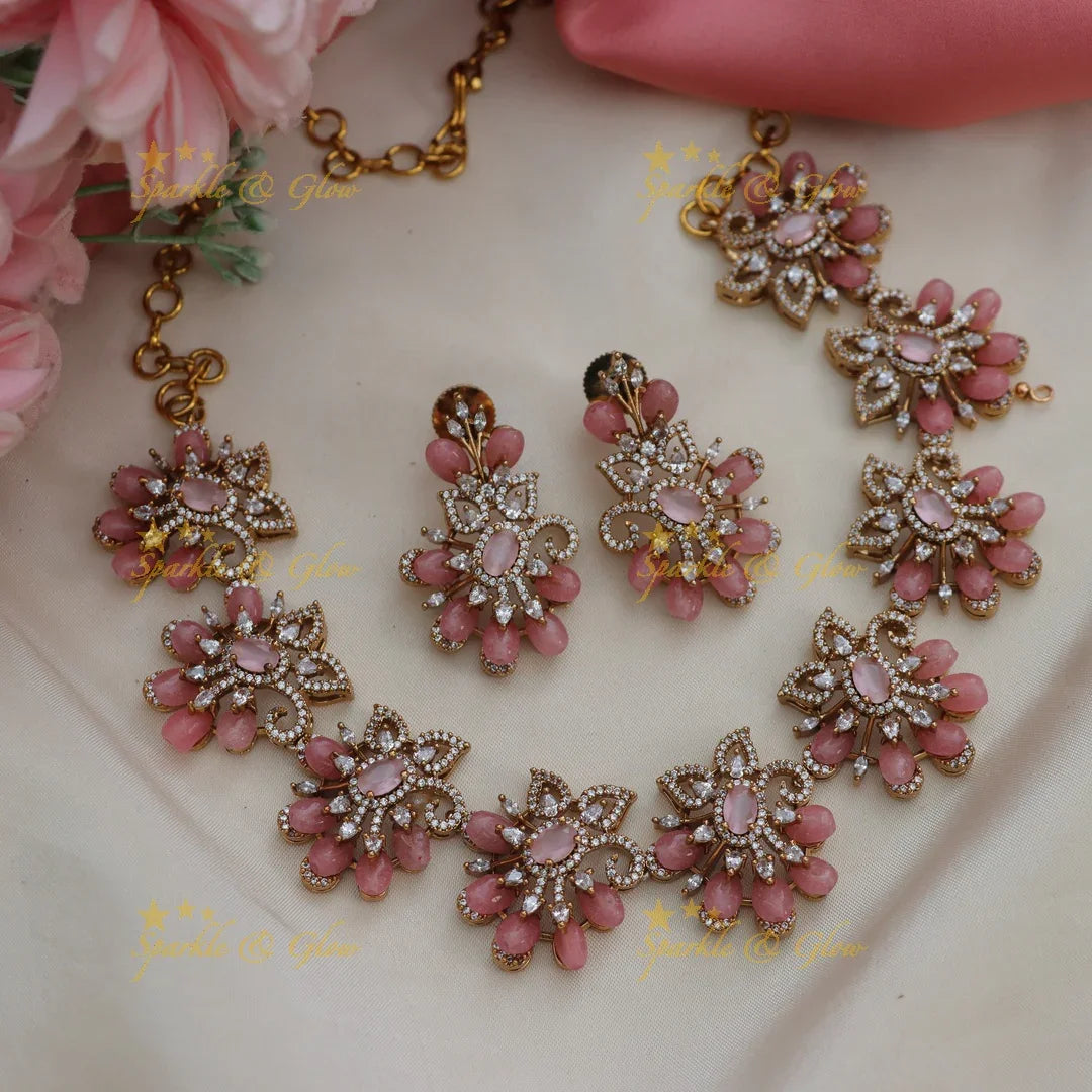Radiant Floral American Diamond Necklace Set with Earrings
