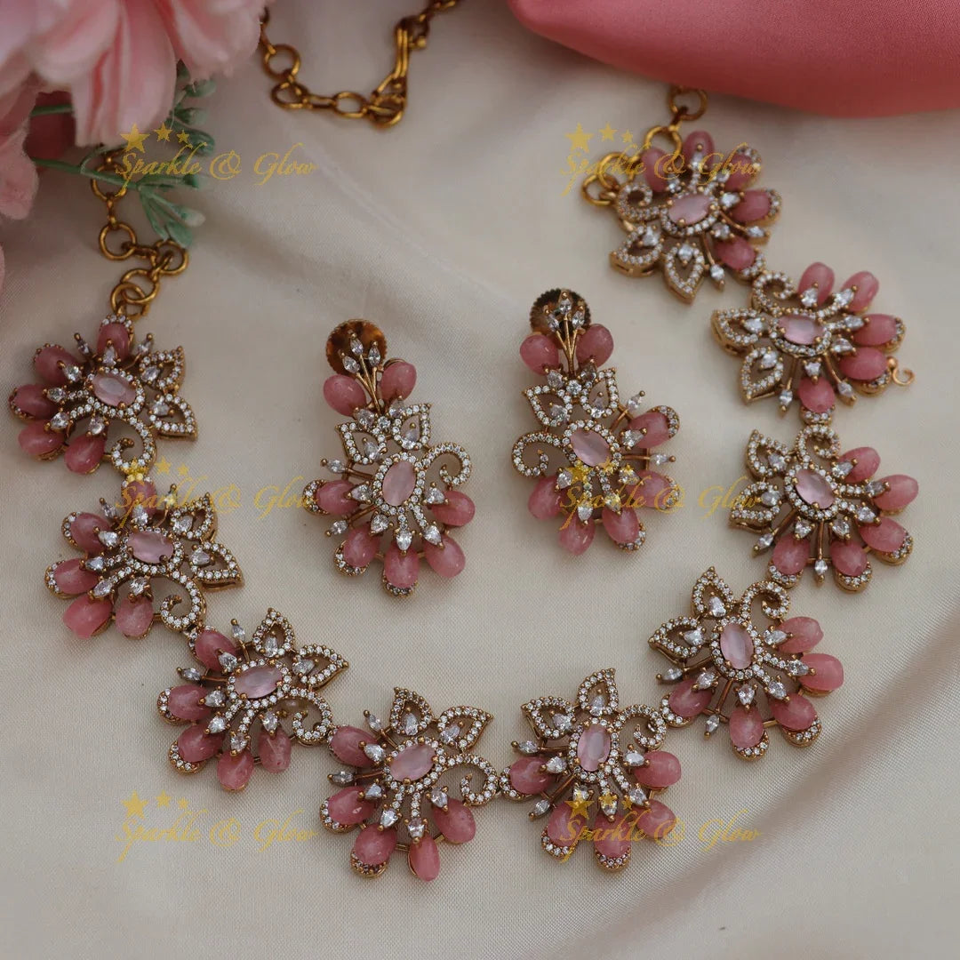 Radiant Floral American Diamond Necklace Set with Earrings