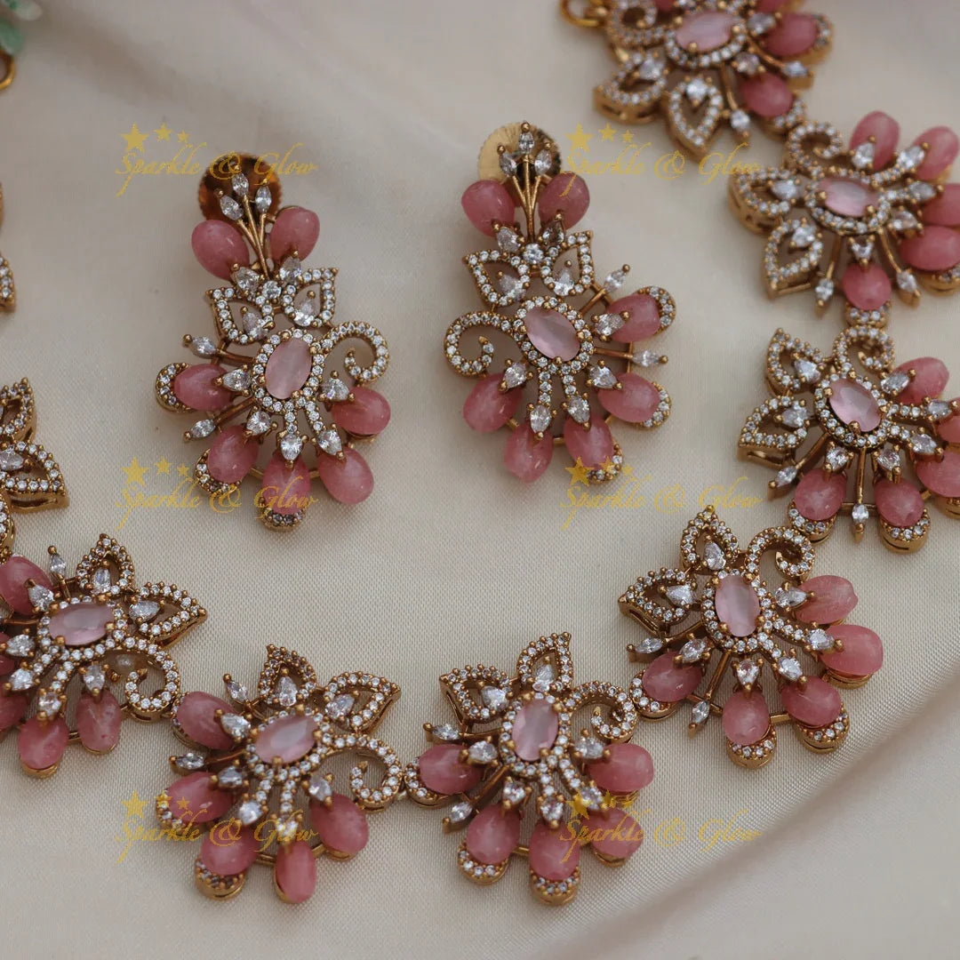 Radiant Floral American Diamond Necklace Set with Earrings