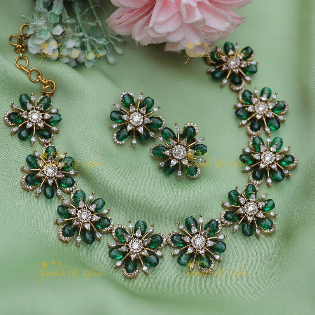 Stunning Emerald Floral American Diamond Short Necklace