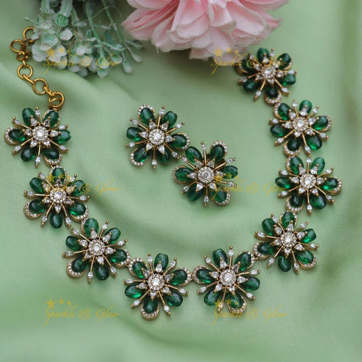 Stunning Emerald Floral American Diamond Short Necklace