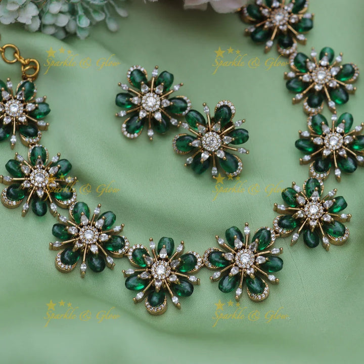 Stunning Emerald Floral American Diamond Short Necklace