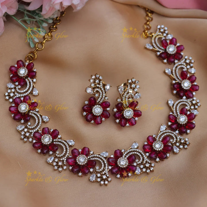 Elegant Maroon Floral AD Necklace Set for Festive Looks