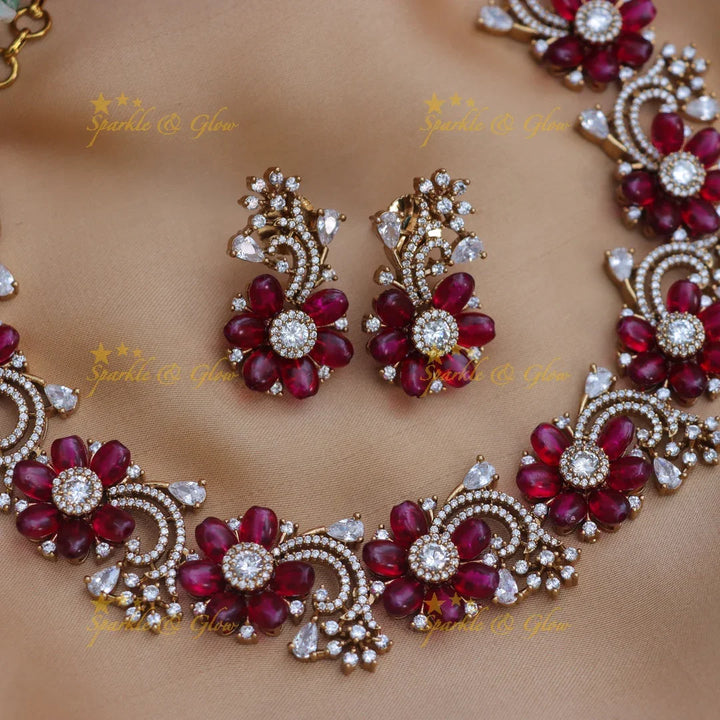 Elegant Maroon Floral AD Necklace Set for Festive Looks
