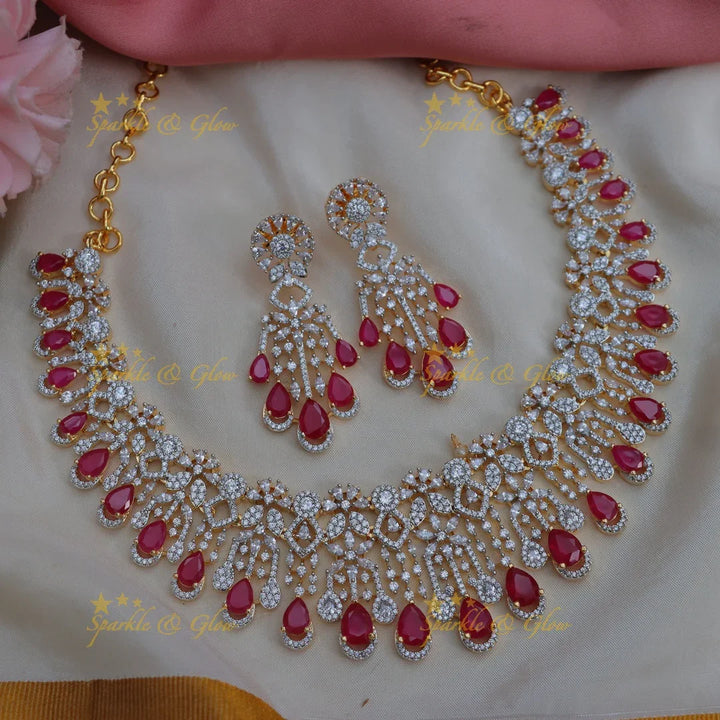 Stunning American Diamond Bridal Necklace Set in Ruby Red