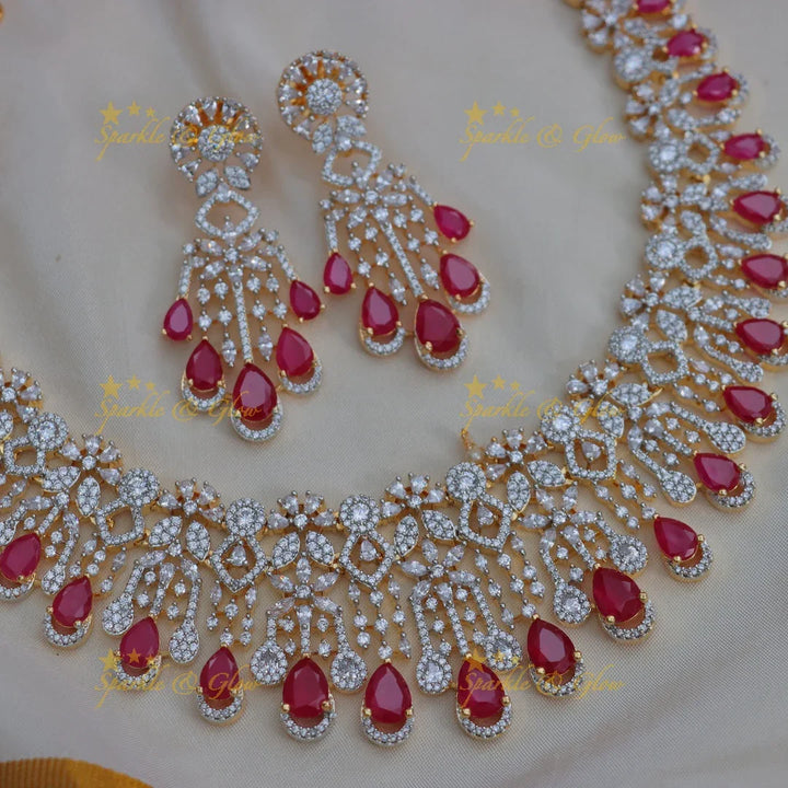 Stunning American Diamond Bridal Necklace Set in Ruby Red