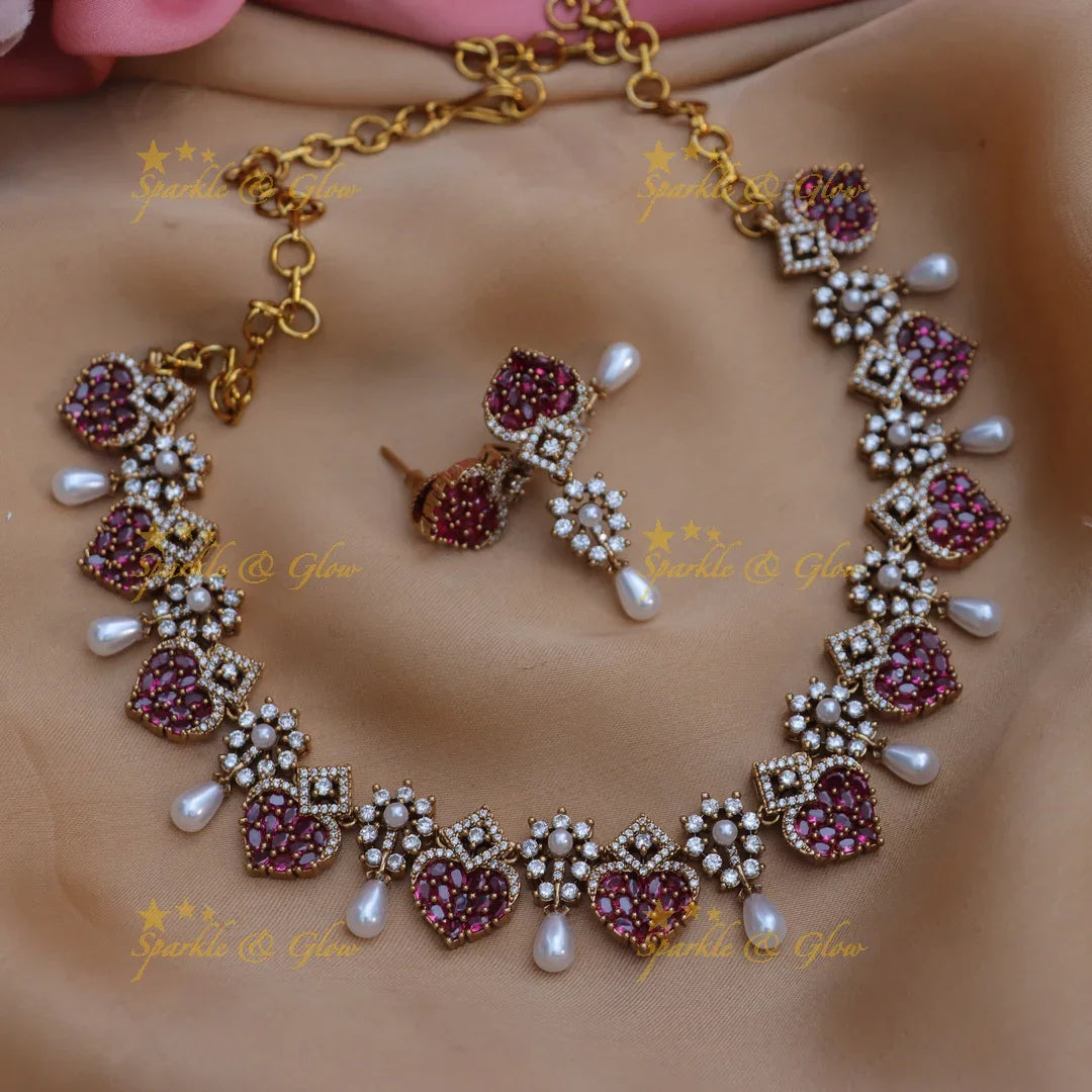 Stunning Heart Floral American Diamond Short Necklace Set