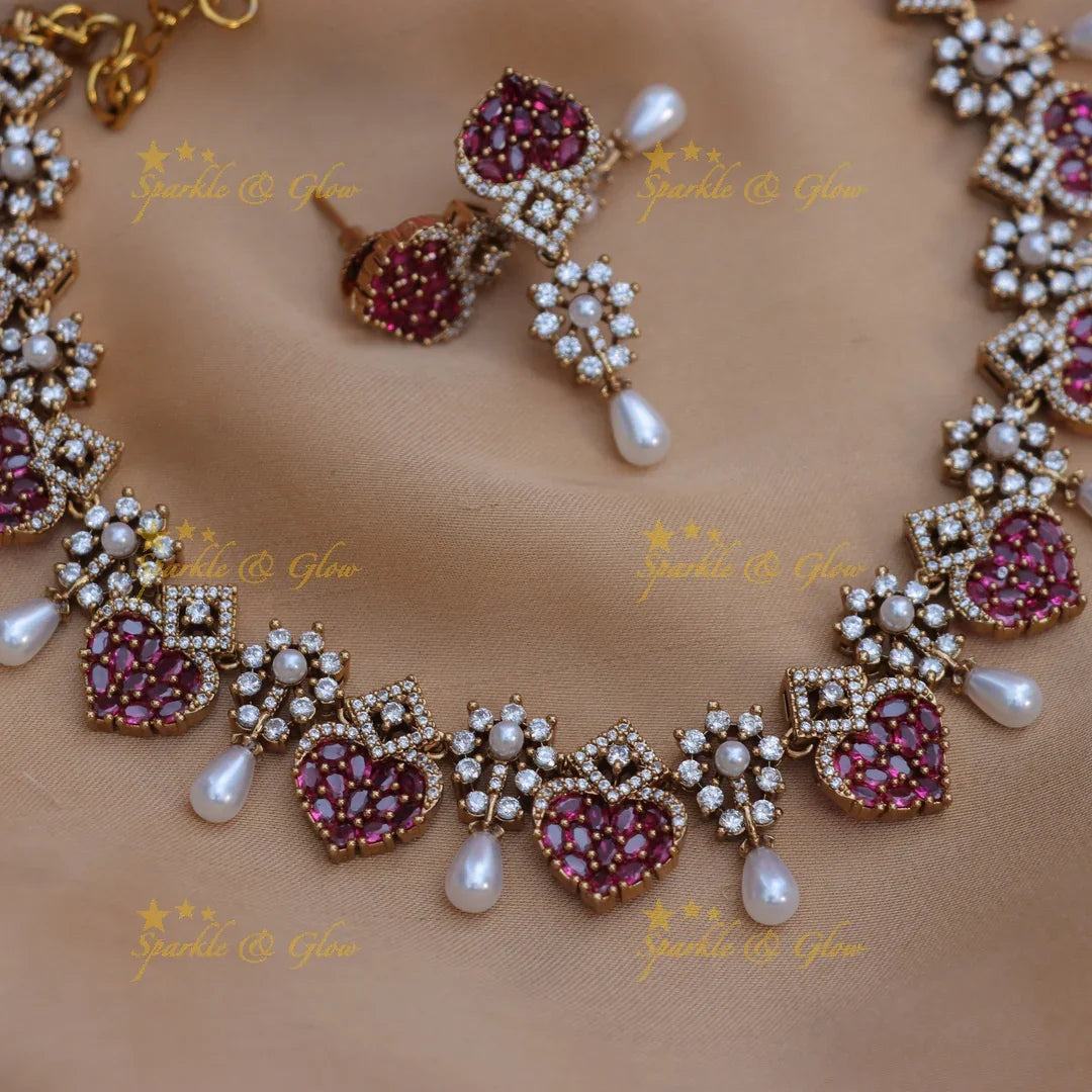 Stunning Heart Floral American Diamond Short Necklace Set