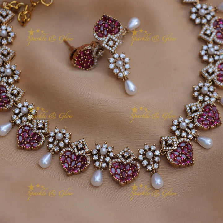 Stunning Heart Floral American Diamond Short Necklace Set