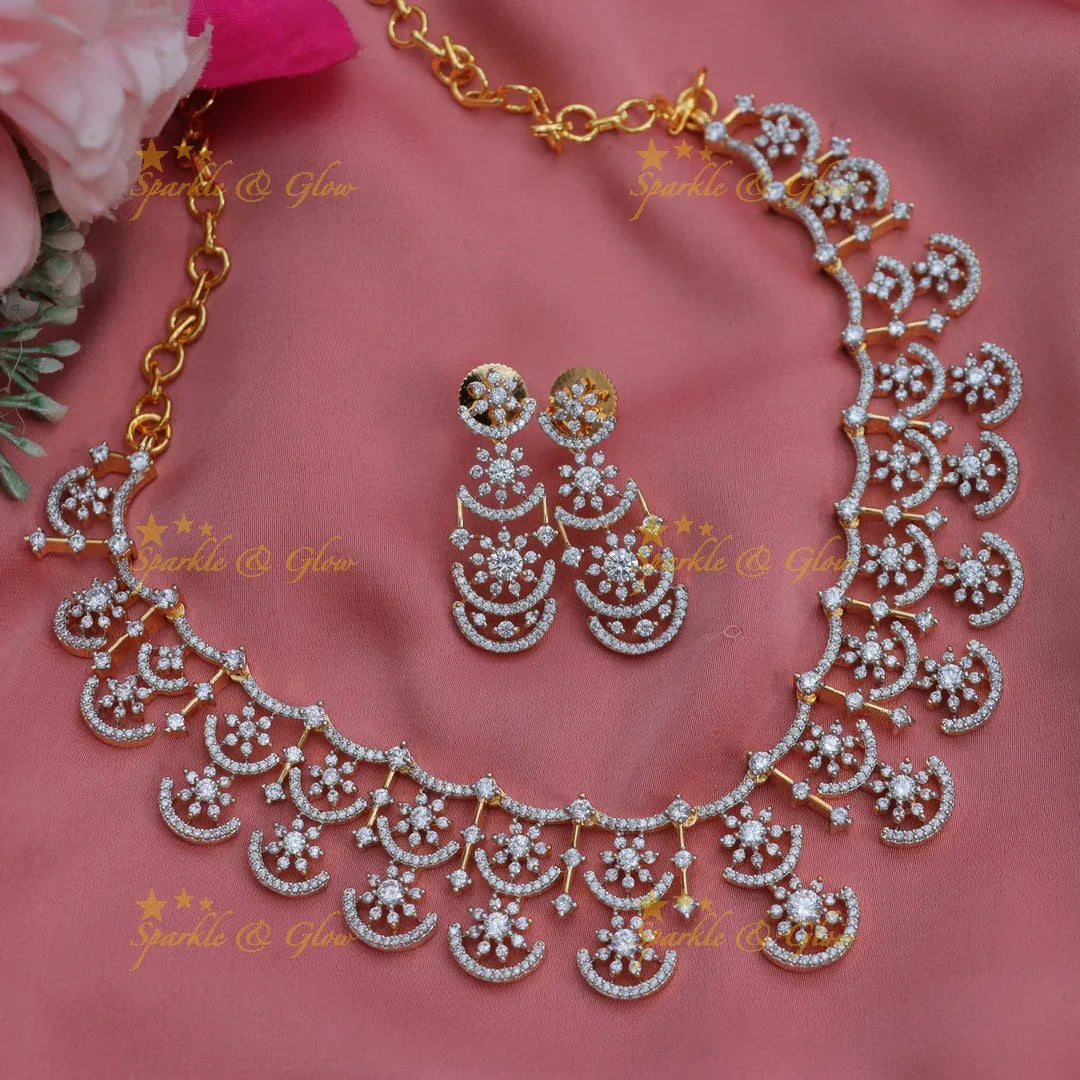 Stunning Dual Tone Floral American Diamond Short Necklace Set