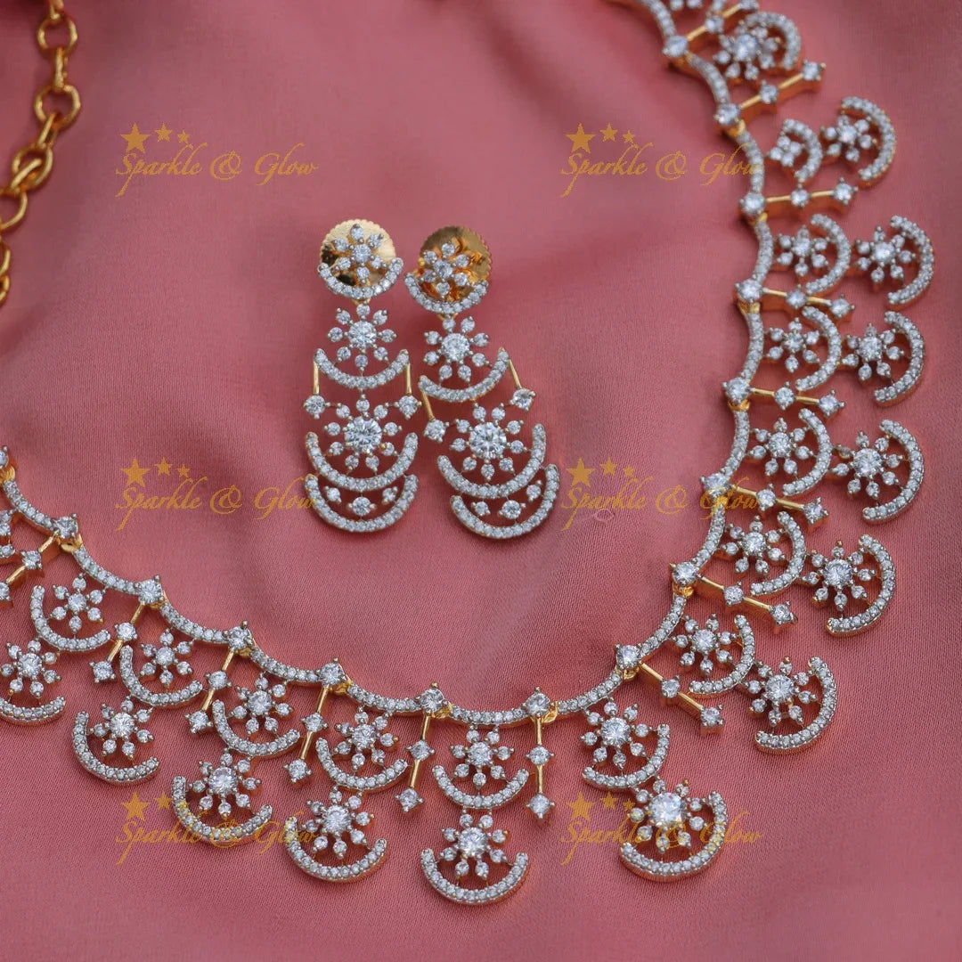 Stunning Dual Tone Floral American Diamond Short Necklace Set