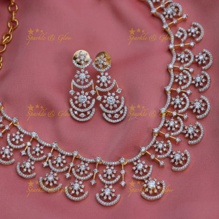 Stunning Dual Tone Floral American Diamond Short Necklace Set