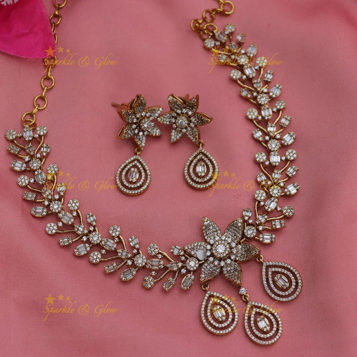 Stunning Floral Leaflet Design AD Necklace with Earrings
