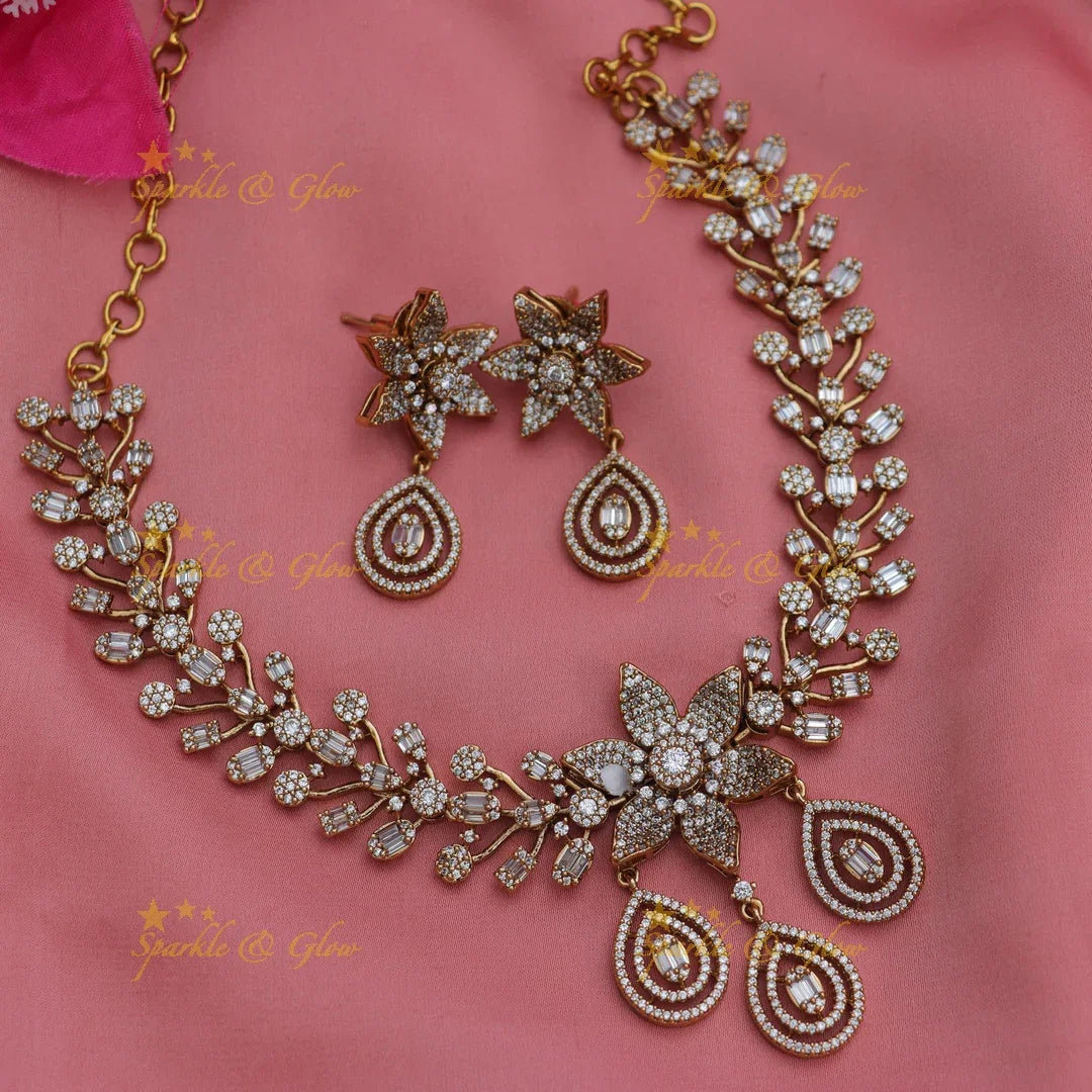 Stunning Floral Leaflet Design AD Necklace with Earrings