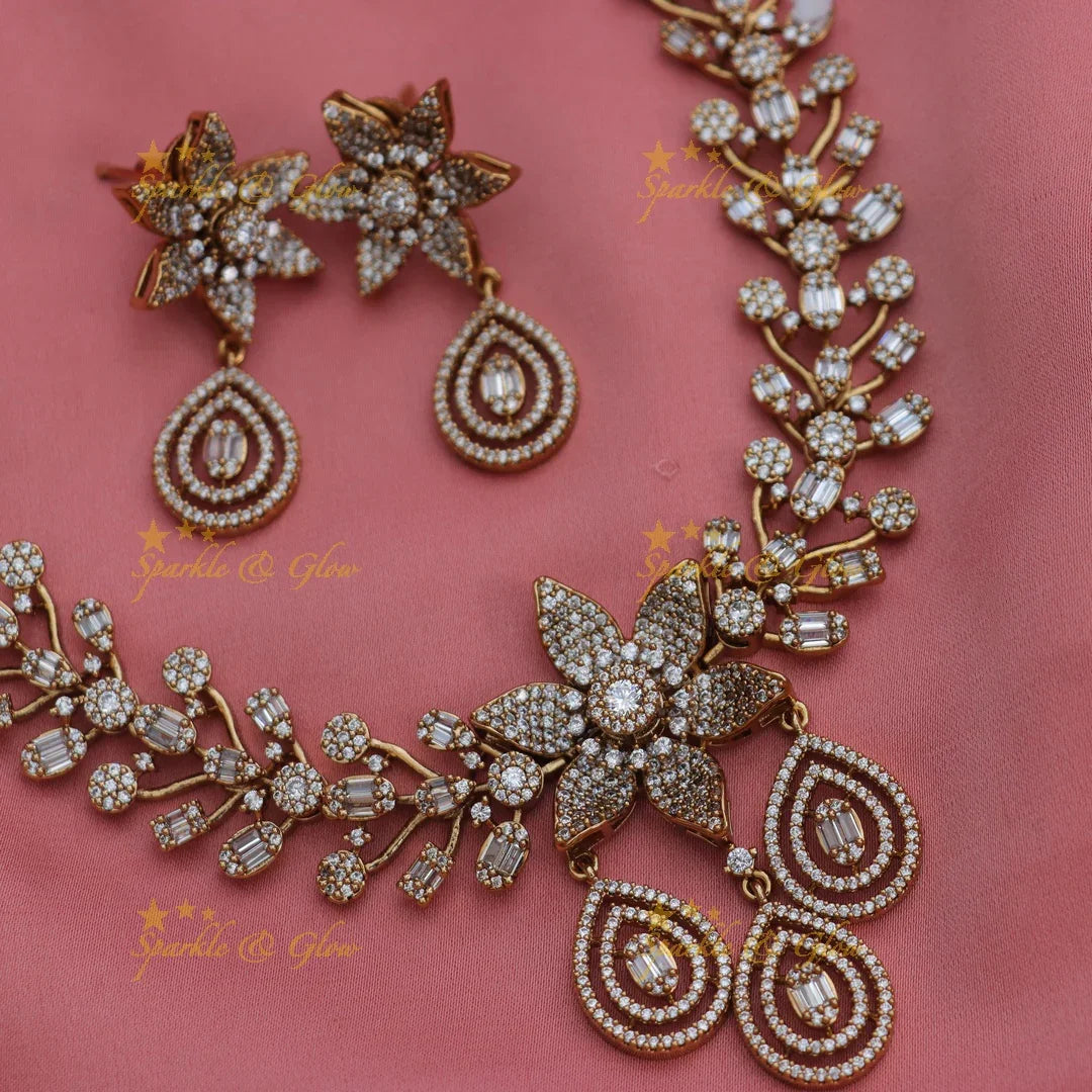 Stunning Floral Leaflet Design AD Necklace with Earrings