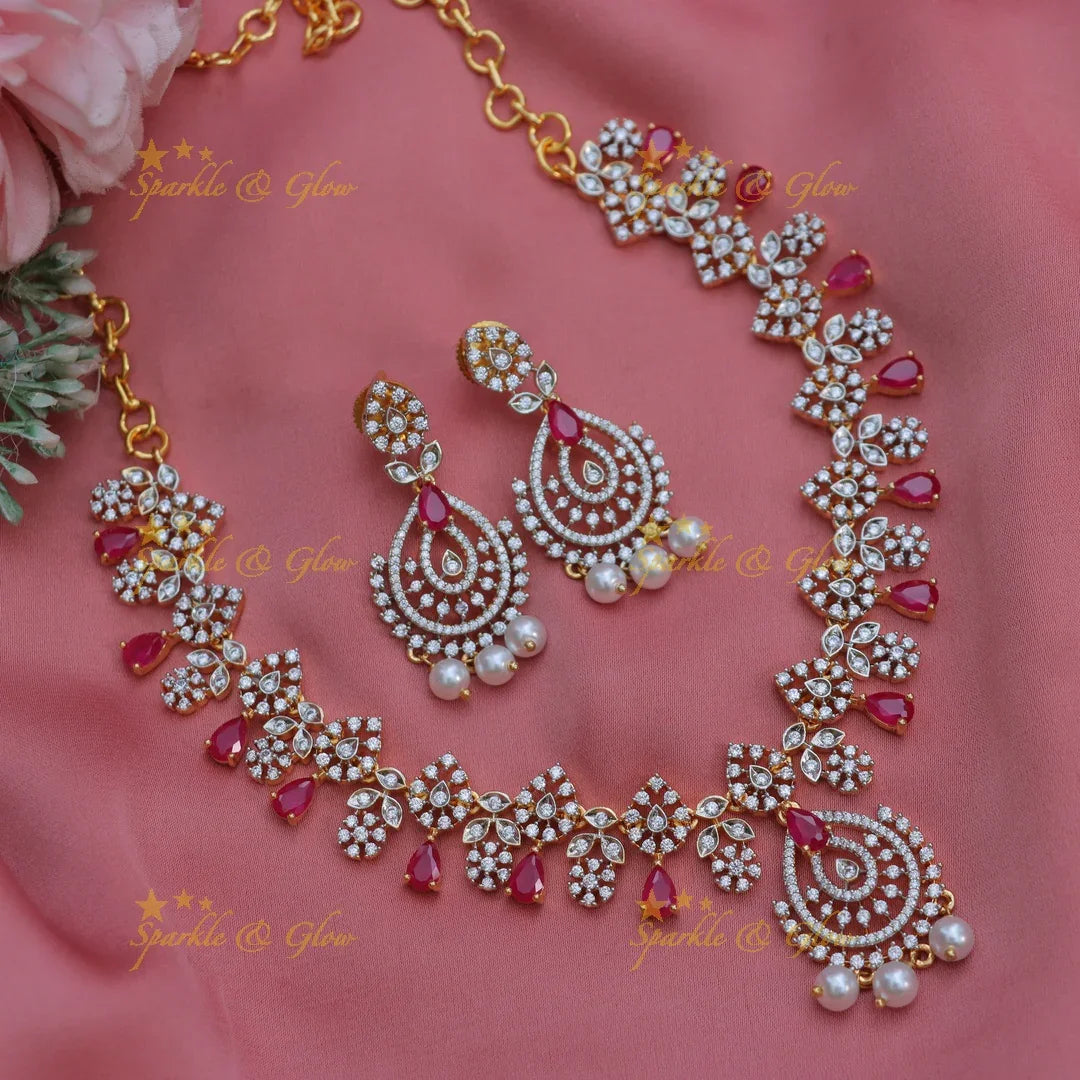 Elegant Floral AD Short Necklace Set with Pearls