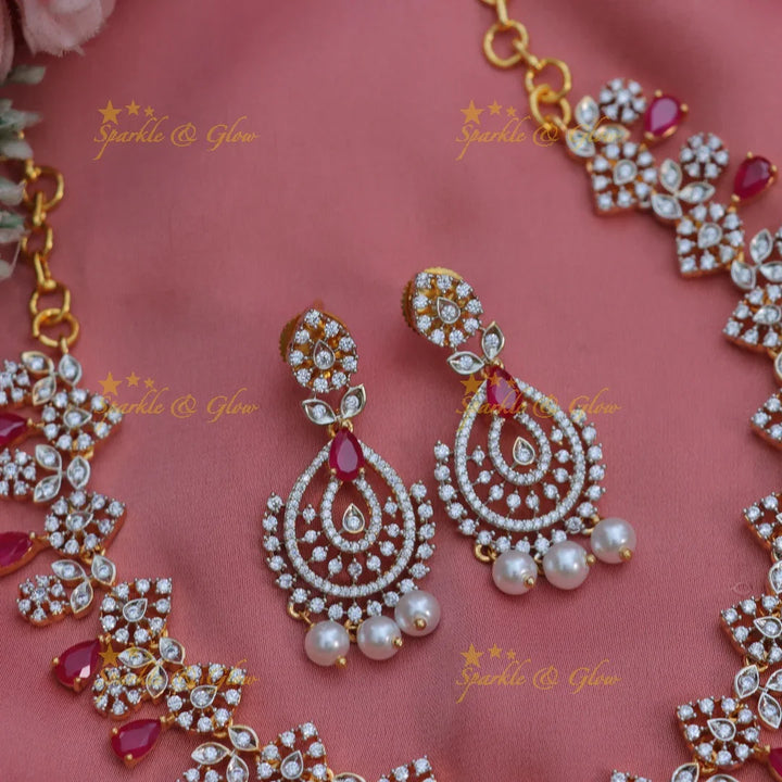 Elegant Floral AD Short Necklace Set with Pearls