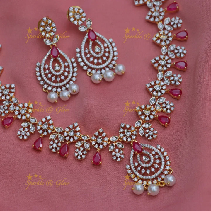 Elegant Floral AD Short Necklace Set with Pearls