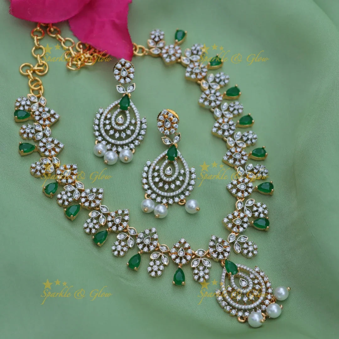 Elegant Floral AD Short Necklace Set with Pearls