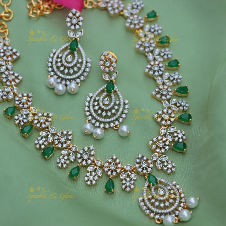 Elegant Floral AD Short Necklace Set with Pearls