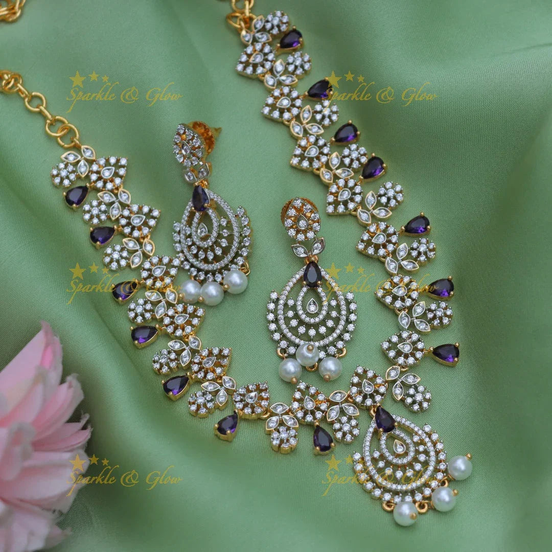 Elegant Floral AD Short Necklace Set with Pearls