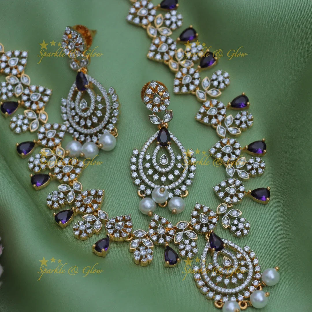 Elegant Floral AD Short Necklace Set with Pearls