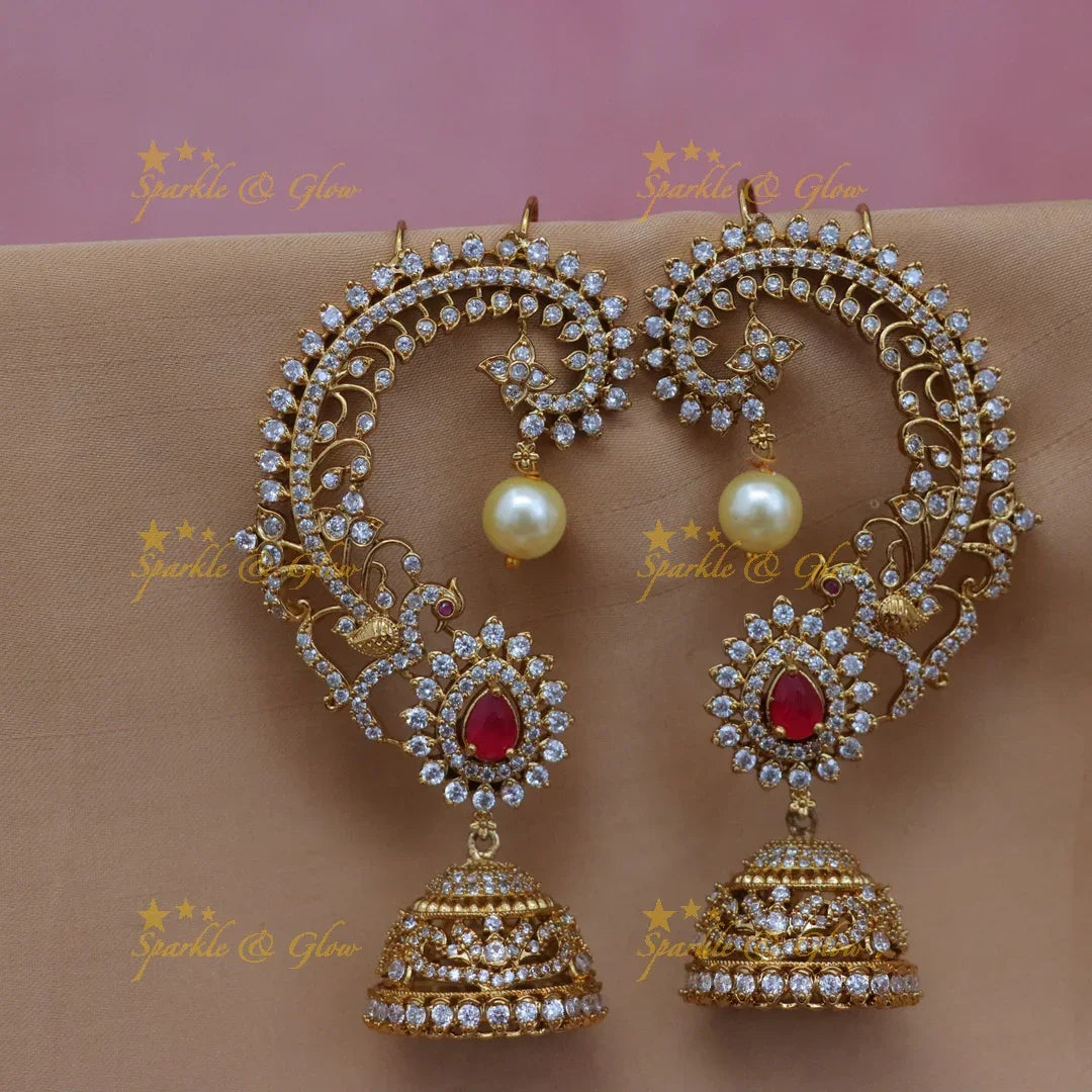 Grand GJ Polish AD Floral Ear Cuff Jhumka Earrings